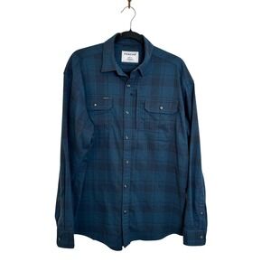 Poncho Flannel Shirt Size L Regular Fit Blue Plaid Magnetic Pockets Outdoor